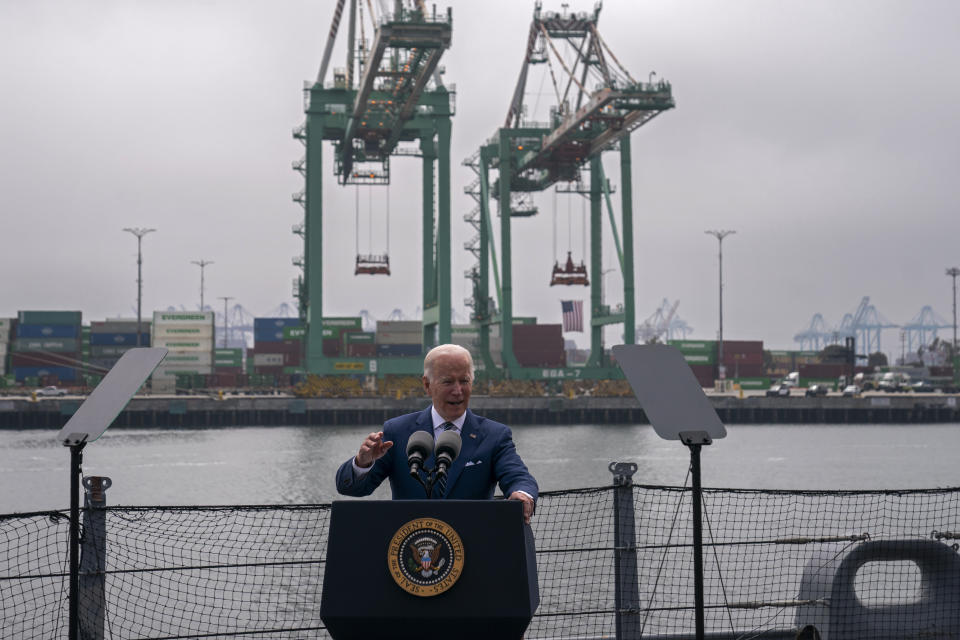 President Joe Biden speaks about inflation and supply chain issues at the Port of Los Angeles, Friday, June 10, 2022, in Los Angeles. (AP Photo/Evan Vucci)