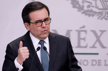FILE PHOTO: Mexico's Economy Minister Ildefonso Guajardo speaks to the media during a news conference at Los Pinos presidential residence in Mexico City, Mexico May 1, 2018. REUTERS/Henry Romero/File Photo