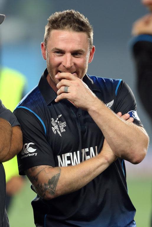 New Zealand's Brendon McCullum smiles after defeating South Africa in their Cricket World Cup semi-final match, at Eden Park in Auckland, on March 24, 2015