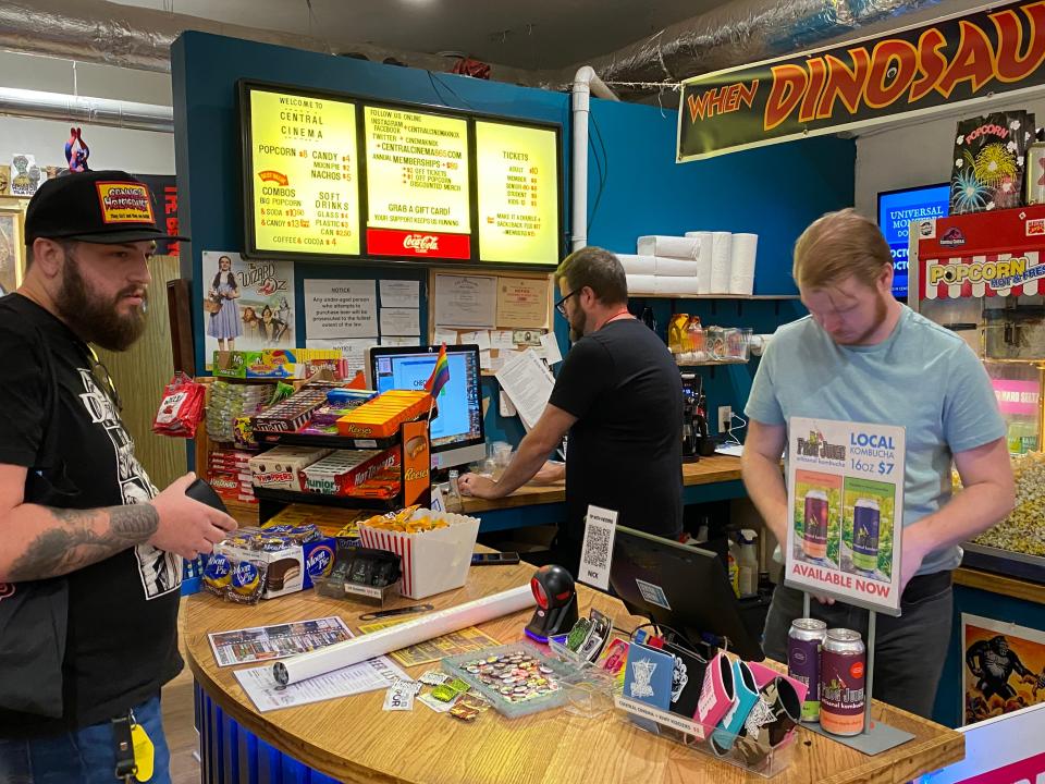 From left to right, Dylan A. Young at the counter with Nick Huinker and Logan Myers working on the first day of the Knoxville Horror Film Festival on Oct. 20.