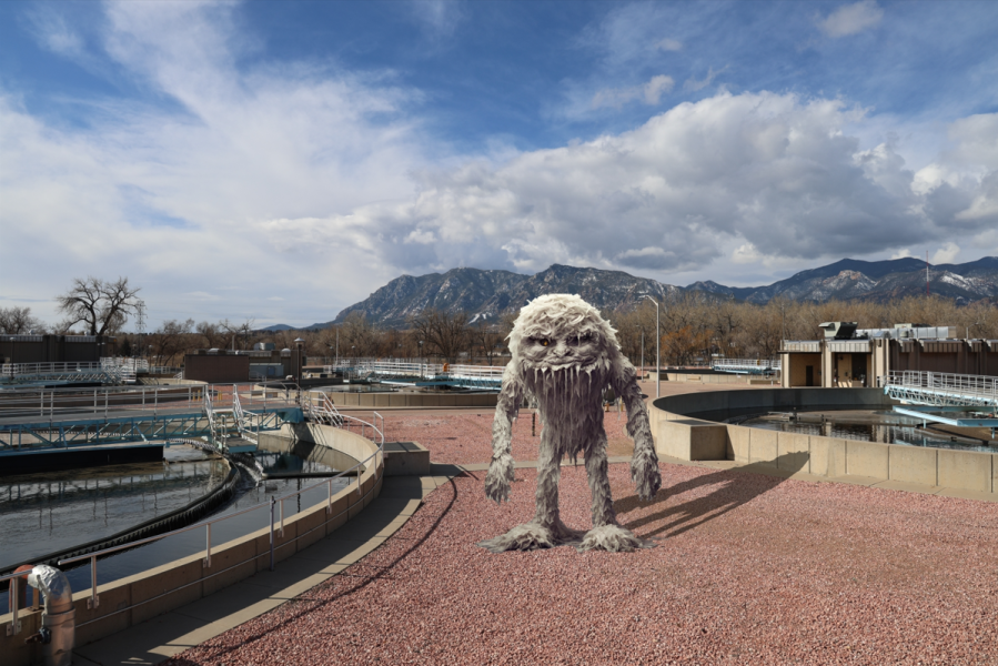 A creature made of flushable wipes at the Las Vegas Water Resource Recovery Facility