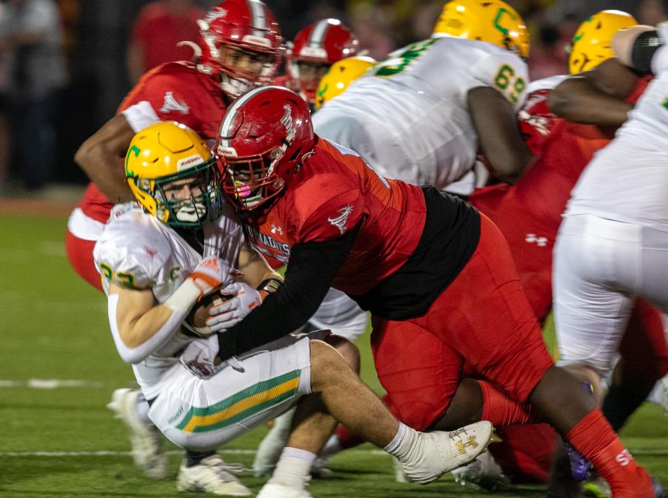 during first half action as Bradford takes on Pensacola Catholic during a play off game in the 2023 FHSAA Football State Championship at Bradford High School in Starke, FL on Friday, December 1, 2023. [Alan Youngblood/Gainesville Sun]