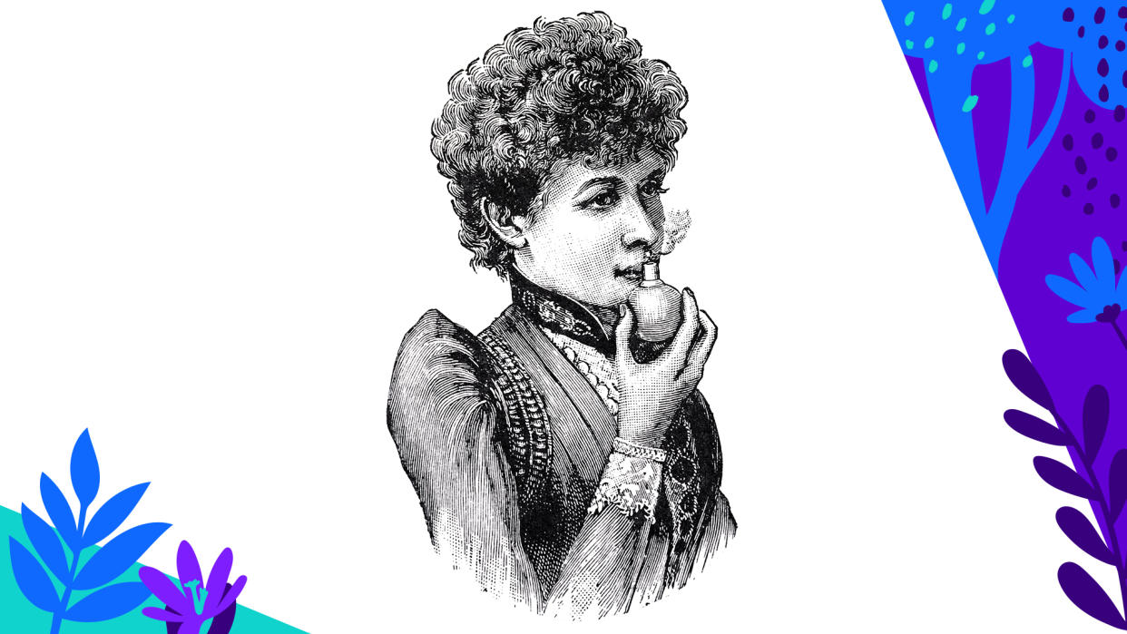 An engraving of a Victorian beauty smelling a perfume bottle.