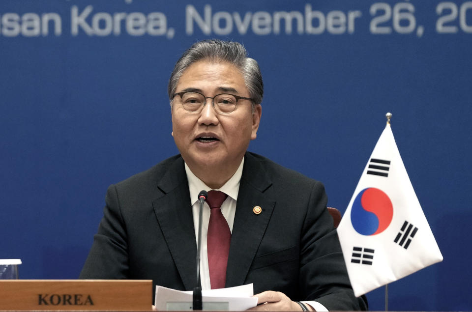 South Korean Foreign Minister Park Jin speaks during the trilateral foreign ministers' meeting with Japan and China, in Busan, South Korea, Sunday, Nov. 26, 2023. (AP Photo/Ahn Young-joon. Pool)