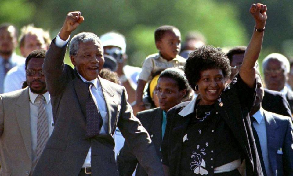 Nelson Mandela with his wife Winnie, following his release from Victor Verster prison, February 1990
