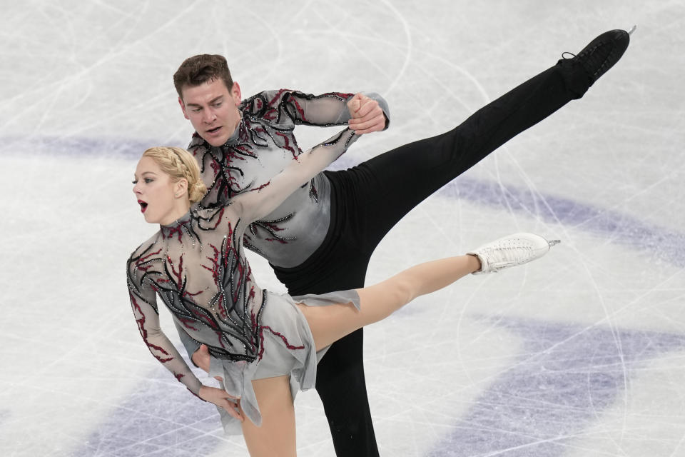 Alexa Knierim and Brandon Frazier of the U.S. perform during the pairs' short program in the World Figure Skating Championships in Saitama, north of Tokyo, Wednesday, March 22, 2023. (AP Photo/Hiro Komae)