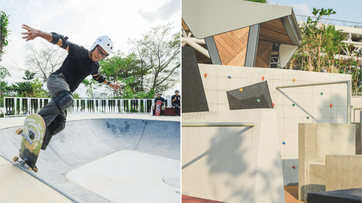 Mini Bowl Pod for skateboarding (left) and parkour park at SkatePark at Lakeside Garden