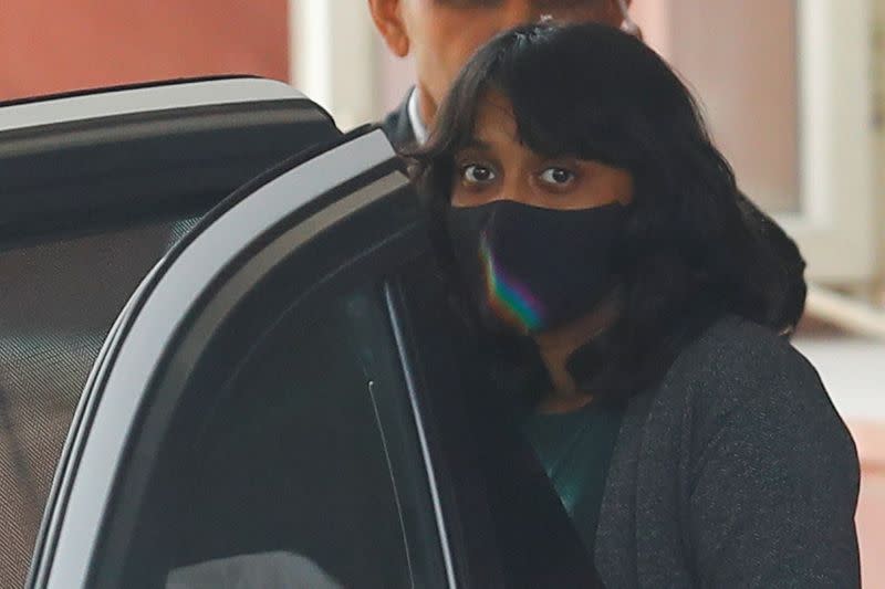 Disha Ravi, a 22-year-old climate activist, leaves after an investigation at National Cyber Forensic Lab, in New Delhi