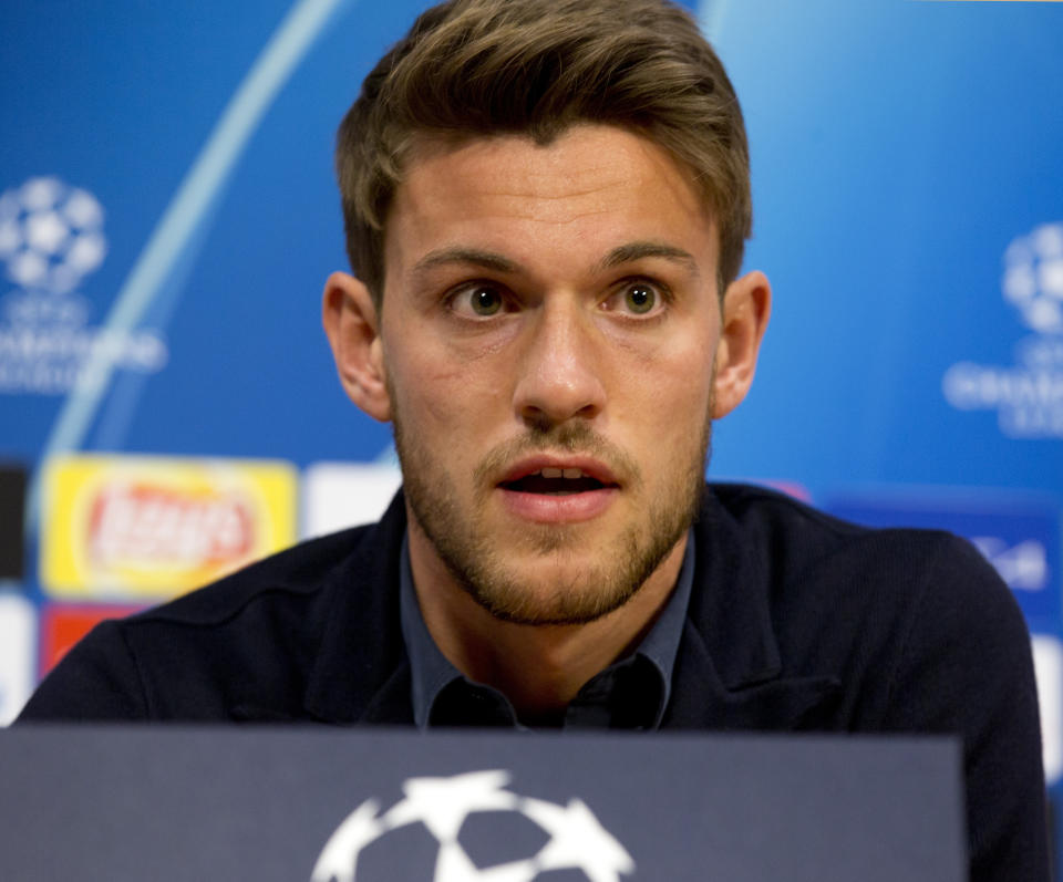 FILE - In this April 9, 2019, file photo, Juventus' Daniele Rugani answers questions during a press conference at the Johan Cruyff ArenA in Amsterdam, Netherlands. Italian soccer club Juventus announced on Wednesday, March 11, 2020, that defender Daniele Rugani has tested positive for new coronavirus. Rugani, who is also an Italy international, is the first player in Italy’s top soccer division to test positive but Juventus stressed that the 25-year-old has no symptoms. (AP Photo/Peter Dejong, File)