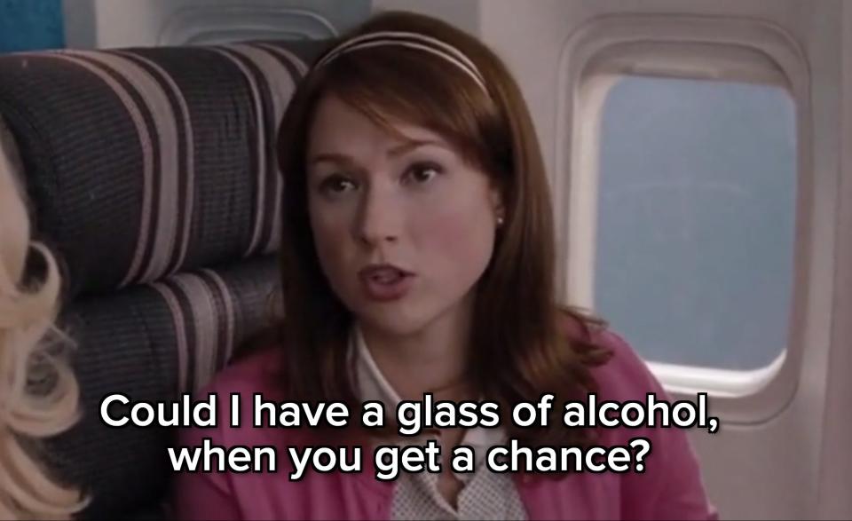 Annie from Bridesmaids inquires about a drink on a plane; meme from a film scene