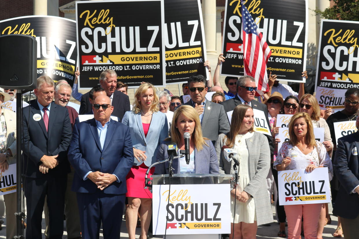 Maryland's Republican Gov. Larry Hogan, left, is encouraging GOP voters to rally behind gubernatorial candidate Kelly Schulz. (AP Photo/Brian Witte)
