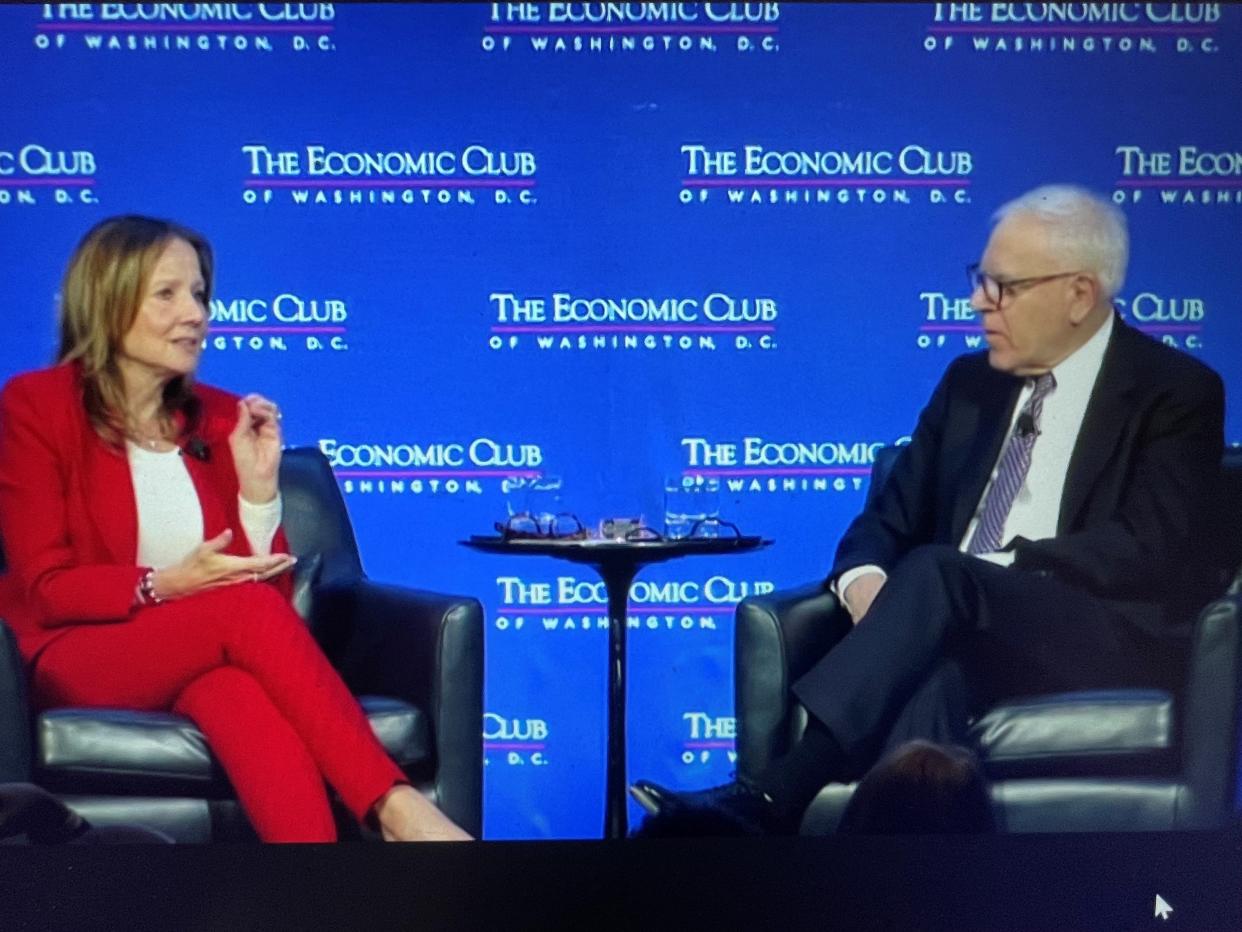 General Motors CEO Mary Barra is interviewed by David Rubenstein, chairman of the Economic Club of Washington, D.C. on Dec. 13. 2023.