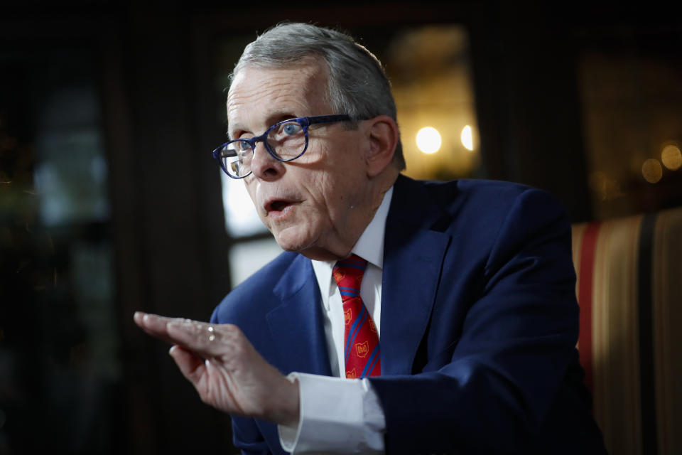 File-This Dec. 13, 2019, file photo shows Ohio Gov. Mike DeWine speaking about his plans for the coming year during an interview at the Governor's Residence in Columbus, Ohio. “By commuting Gregory Lott’s death sentence, Governor DeWine would be strengthening Ohio’s criminal justice system in fundamental ways,” Lott's attorneys argued in a Jan. 28 petition to the parole board. Even if Lott loses his bid for mercy, it's uncertain he would ever face execution. (AP Photo/John Minchillo, File)