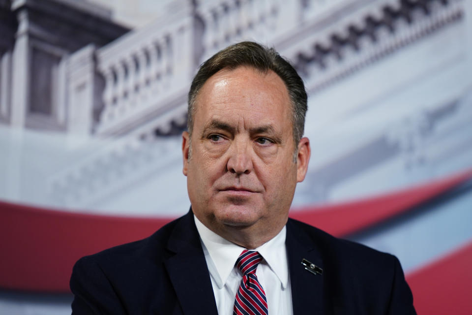 FILE - Pennsylvania state Senate President Pro Tempore Jake Corman, R-Centre, takes part in a forum for Republican candidates for governor of Pennsylvania at the Pennsylvania Leadership Conference in Camp Hill, Pa., Friday, April 1, 2022. (AP Photo/Matt Rourke, File)