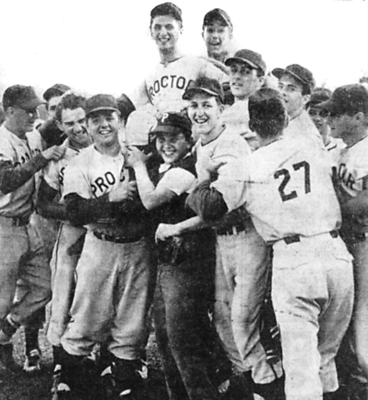 On Thursday, June 4, 1959, Thomas R. Proctor High School’s baseball team won the city and Central Oneida League championships by defeating St. Francis de Sales 5-0. Ang Pallaria was the hero of the day when he pitched a four-hitter and was rewarded by his joyous teammates who carried him off the field. Dick Detore drove in three runs for the winners and Mike Gimmillaro had two hits. John Prendergast, St. Francis hurler, struck out 13, and teammate Mike Fallon had two hits.