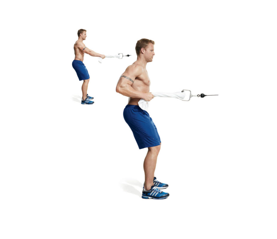 How to do it:<ol><li>Hook a towel to a cable pulley and stand in front of it. </li><li>Set up to do a row, holding an end of the towel in each hand. </li><li>Squeeze your shoulder blades together and row the towel to your rib cage.</li></ol>Pro tip:<p>Keep your elbows tight to your sides when rowing.</p>Variation:<p>This move can be done with a resistance band and setting your stance with one foot in front of the other.</p>