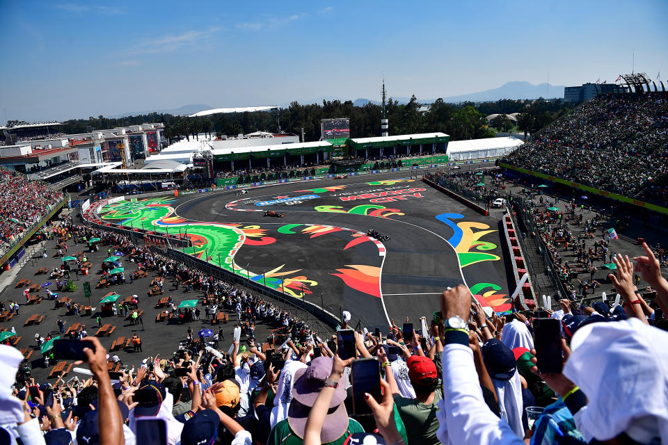 MEXICO CITY, MEXICO - NOVEMBER 07: (BILD OUT) Lewis Hamilton (GBR), Mercedes-AMG Petronas Formula One Team and Sergio Perez (MEX), Red Bull Racing Honda on the track during the F1 Grand Prix of Mexico at Autodromo Hermanos Rodriguez on November 7, 2021 in Mexico City, Mexico. (Photo by Hasan Bratic/DeFodi Images via Getty Images)