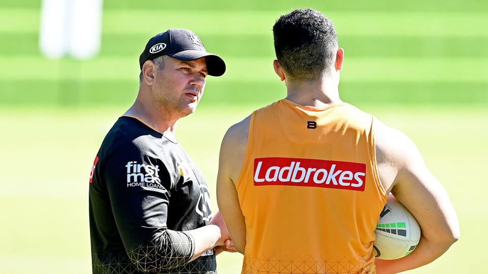 The Broncos are distancing themselves from reports coach Anthony Seibold needs to win five more games this season to save his job. Pic: Getty