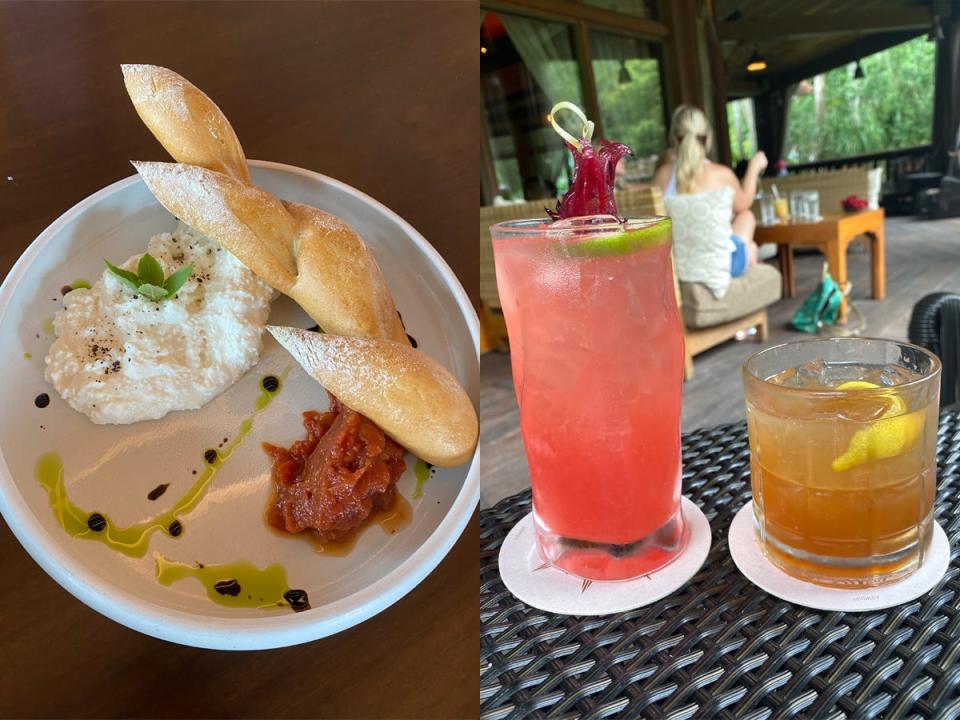 a plate of bread and dips next to a photo of two cocktails disney world