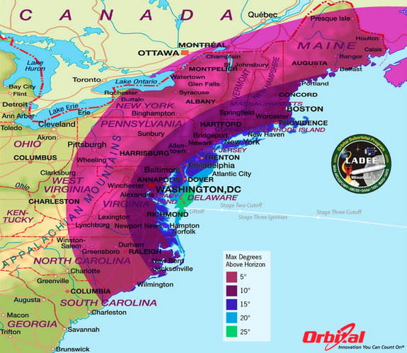 This map shows the maximum elevation (degrees above the horizon) that the Minotaur V rocket will reach depending on your location along the east coast. The further away you are from the launch site, the closer to the horizon the rocket will be.