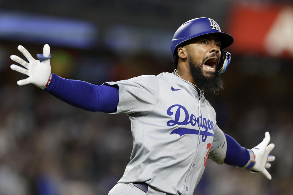 NEW YORK, NEW YORK - JUNE 08: Teoscar Hernandez #37 of the Los Angeles Dodgers reacts after his eighth inning grand slam home run against the New York Yankees at Yankee Stadium on June 08, 2024 in New York City. (Photo by Jim McIsaac/Getty Images)