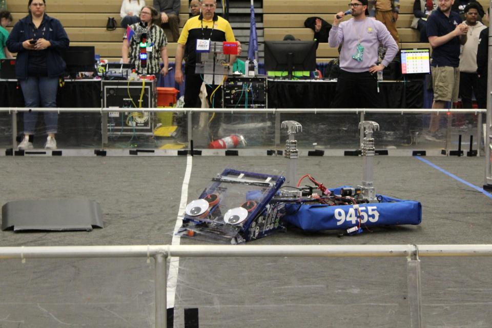 Livingston County will be represented by a high school team from the STEAM Syndicate at the FRC World Championships this week in Houston. Destruction of Team 9455's robot during a match at the Troy District Event #2.