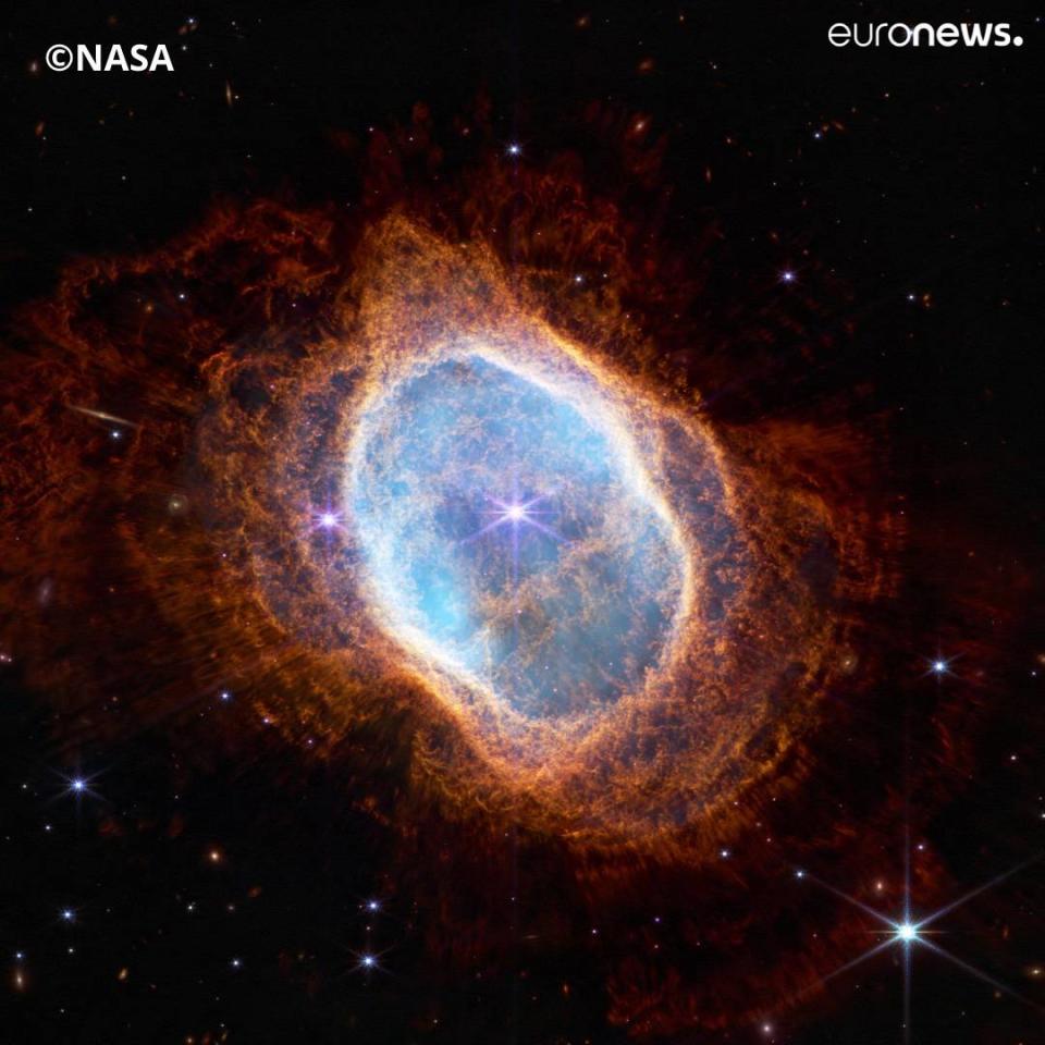 This image released by NASA on Tuesday, July 12, 2022, shows the bright star at the center of NGC 3132, the Southern Ring Nebula, for the first time in near-infrared light