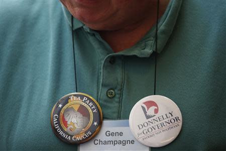 An attendee is seen wearing pins in support of the Tea Party and California Republican gubernatorial primary candidate Tim Donnelly during the California Republican Party Spring Convention in Burlingame, California March 16, 2014 REUTERS/Stephen Lam