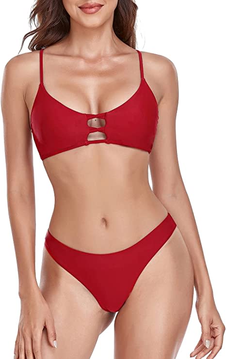 Women's Strappy Triangle Bikini Top with Cheeky Brazilian Cut Bikini Bottom. Image via Amazon.