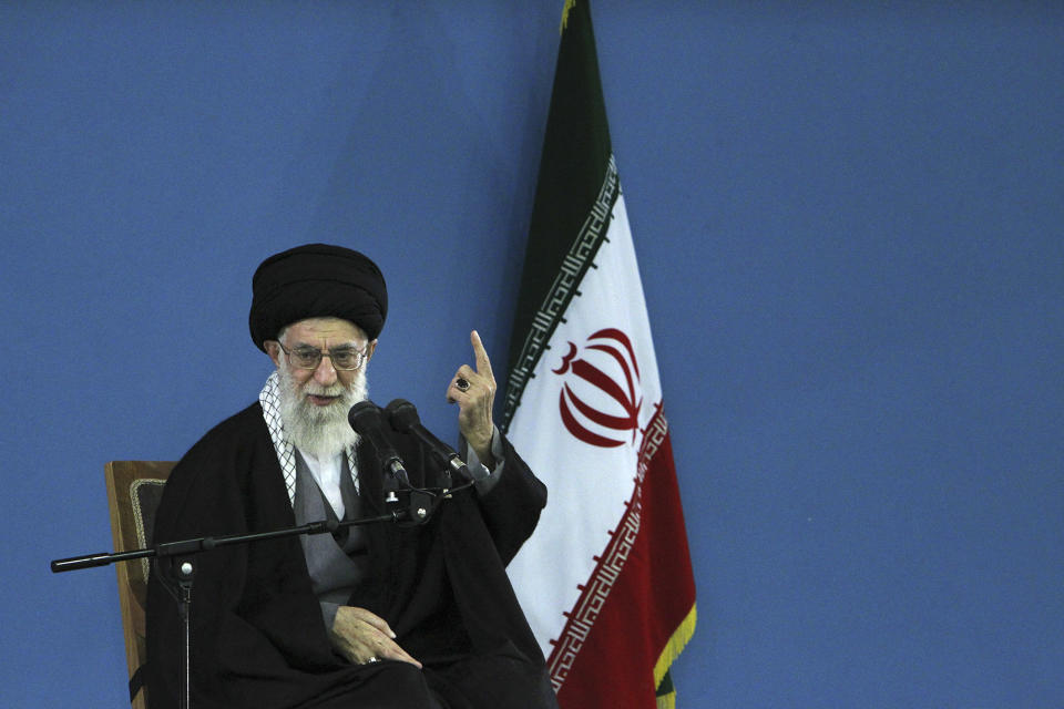 In this picture released by an official website of the office of the Iranian supreme leader, Supreme Leader Ayatollah Ali Khamenei delivers a speech in Tehran, Iran, Monday, Feb. 17, 2014. Iran's top leader backs the continuation of nuclear negotiations with the West but says he doubts they will succeed. (AP Photo/Office of the Iranian Supreme Leader)