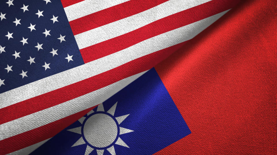 Taiwan and United States flags together textile cloth, fabric texture