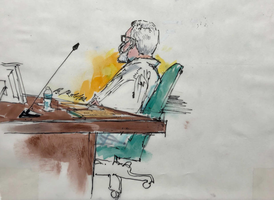 In this courtroom artist sketch Tahawwur Rana, appears during an extradition hearing in federal US court in Los Angeles, Thursday, June 24, 2021. A federal judge is weighing whether Rana, a former Chicago businessman, will be extracted to India in connection with his alleged involvement in the 2008 Mumbai terrorist attack in which 166 people, including six Americans were killed. (Bill Robles for AP)