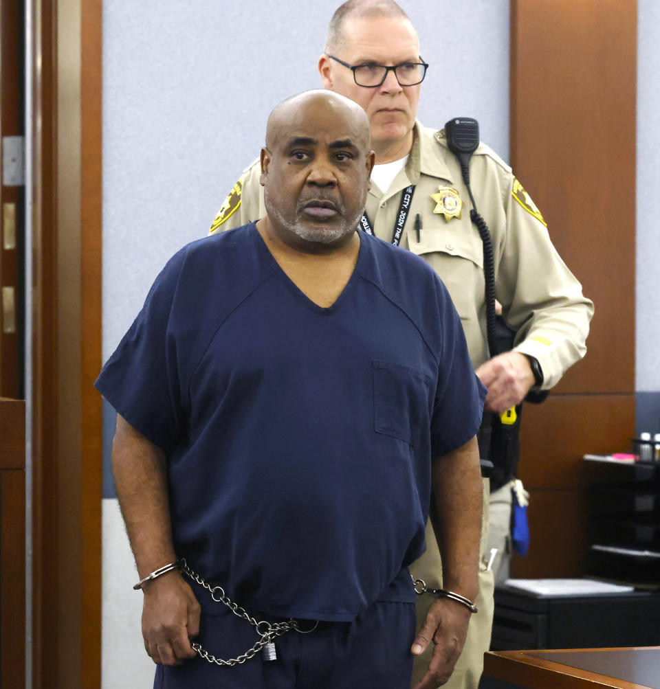 FILE - Duane "Keffe D" Davis, who is accused of orchestrating the 1996 slaying of hip-hop icon Tupac Shakur, is led into the courtroom during a status hearing at the Regional Justice Center, on Tuesday, April 23, 2024, in Las Vegas. Davis will ask a judge next week on June 24, to let him out of jail pending trial on a murder charge. (Bizuayehu Tesfaye/Las Vegas Review-Journal via AP)