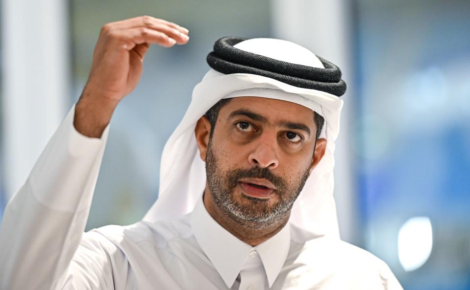 Nasser al-Khater, chief executive of the FIFA World Cup Qatar 2022 organisation, gives a press conference at Al-Janoub Stadium in the capital Doha on September 25, 2019. (Photo by GIUSEPPE CACACE / AFP)        (Photo credit should read GIUSEPPE CACACE/AFP/Getty Images)