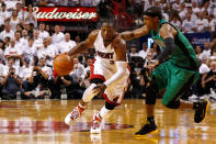 MIAMI, FL - MAY 30: Dwyane Wade #3 of the Miami Heat drives in the second half against Rajon Rondo #9 of the Boston Celtics in Game Two of the Eastern Conference Finals in the 2012 NBA Playoffs on May 30, 2012 at American Airlines Arena in Miami, Florida. NOTE TO USER: User expressly acknowledges and agrees that, by downloading and or using this photograph, User is consenting to the terms and conditions of the Getty Images License Agreement. (Photo by Mike Ehrmann/Getty Images)