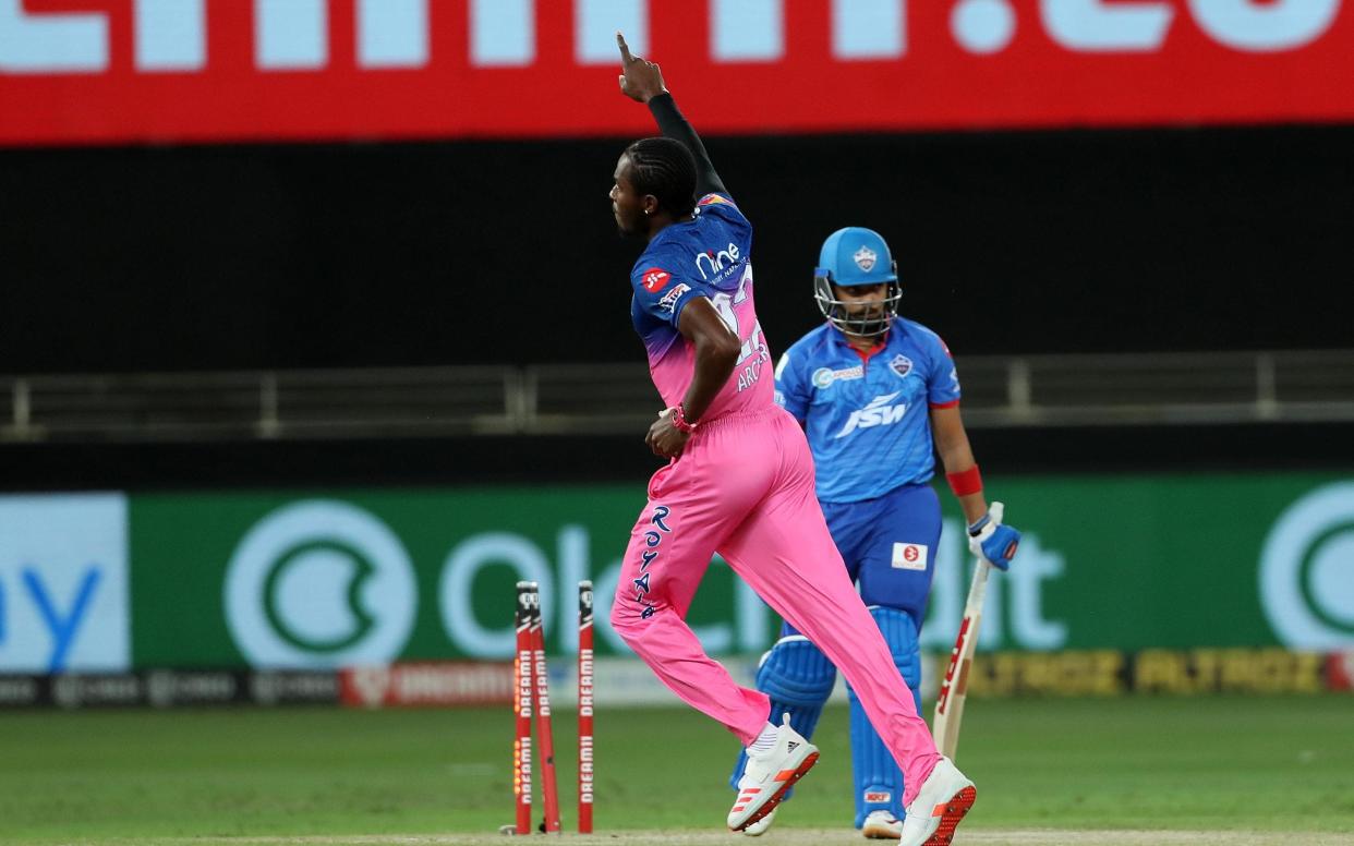 Jofra Archer celebrates a wicket.