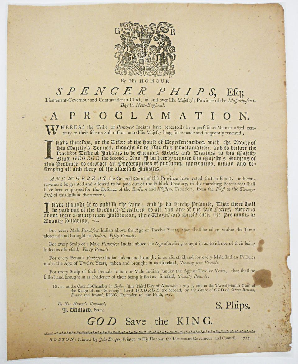 The Spencer Phips Proclamation offered a bounty for Native Americans’ scalps in 1755. The town of Spencer, Mass., is named after this Spencer Phips, the former lieutenant governor of the colony. <a href="https://allthingsliberty.com/wp-content/uploads/2013/08/Phipps_Proclamation_BEST.jpg" rel="nofollow noopener" target="_blank" data-ylk="slk:Journal of the American Revolution;elm:context_link;itc:0;sec:content-canvas" class="link ">Journal of the American Revolution</a>