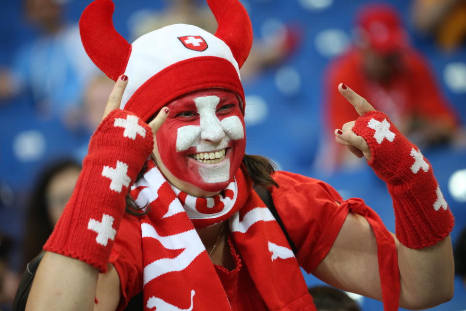 <p>A Swiss football fan before a First Stage Group E football match between Brazil and Switzerland at Rostov Arena at FIFA World Cup Russia 2018; the game ended in a 1-1 draw. Anton Novoderezhkin/TASS (Photo by Anton Novoderezhkin\TASS via Getty Images) </p>