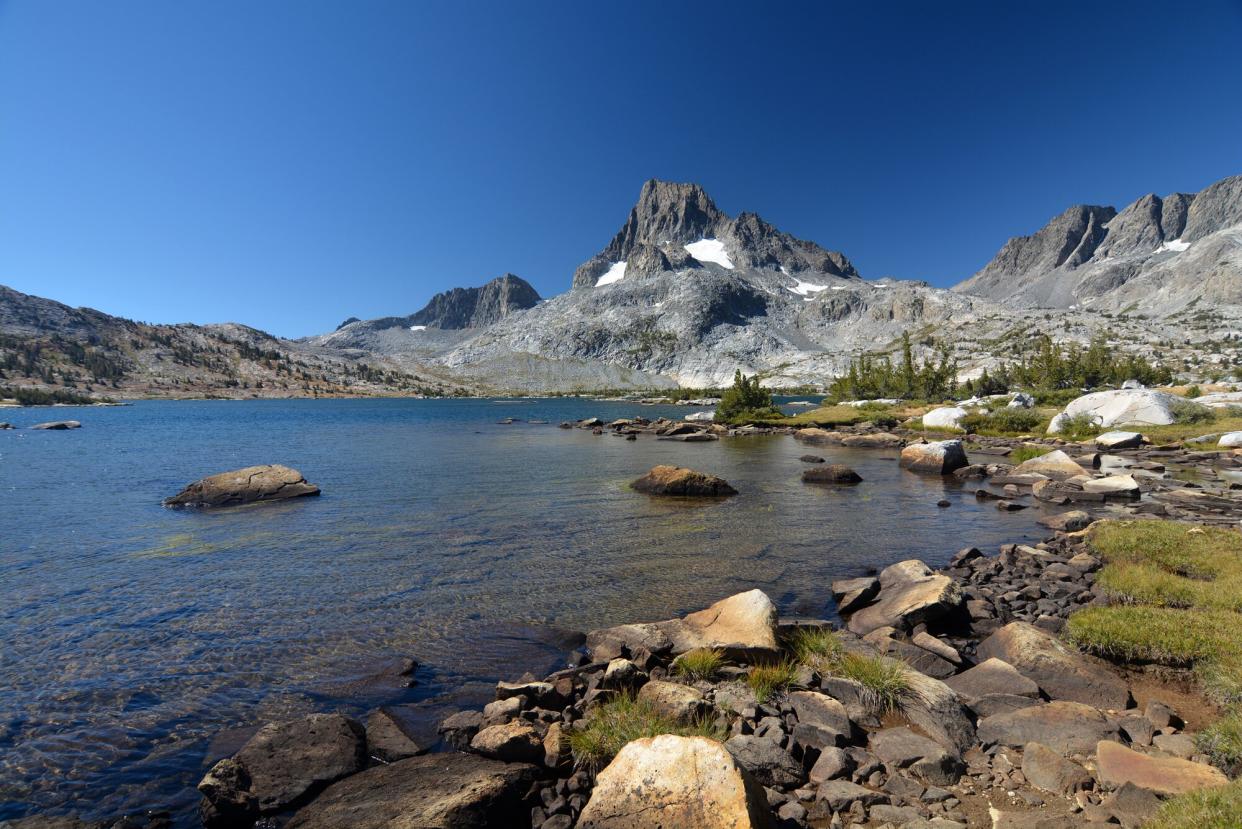 Thousand Island Lake below Banner Peak and the blue sky, in the Ansel Adams Wilderness, California Sierra Nevada.