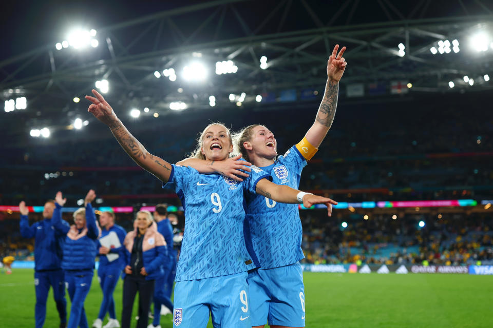 SYDNEY, AUSTRALIA - AUGUST 16: Millie Bright and Rachel Daly of England celebrate following victory during the FIFA Women's World Cup Australia & New Zealand 2023 Semi Final match between Australia and England at Stadium Australia on August 16, 2023 in Sydney, Australia. (Photo by Naomi Baker - The FA/The FA via Getty Images)