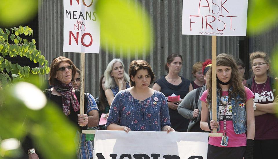 <span class="caption">Protestors attend a 2013 rally at Saint Mary's University in Halifax to express concerns over a chant that promoted rape culture. </span> <span class="attribution"><span class="source"> THE CANADIAN PRESS/Andrew Vaughan </span></span>