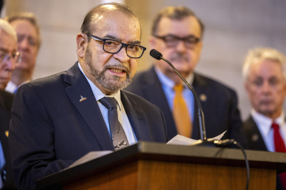 Sen. Raymond Aguilar of Grand Island speaks at a press conference where it was announced that the state will participate in the Summer Electronic Benefits Transfer Program after previously saying Nebraska wouldn't take part during a press conference in the Warner Chamber at the Capitol, Monday, Feb. 12, 2024, in Lincoln, Neb. (Kenneth Ferriera/Lincoln Journal Star via AP)