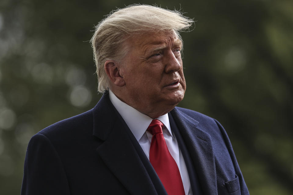 WASHINGTON, DC - OCTOBER 30: President Donald Trump talks to members of the media before boarding Marine One from the South Lawn of the White House on October 30, 2020 in Washington, DC. President Trump is traveling to Waterford Township, MI, Green Bay, WI, Rochester, MN for MAGA rallies.  (Photo by Oliver Contreras/For The Washington Post via Getty Images)