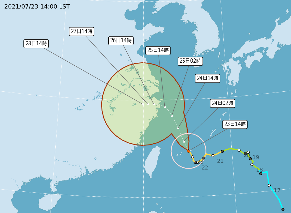 中度颱風「烟花」潛勢預測圖。(中央氣象局提供)