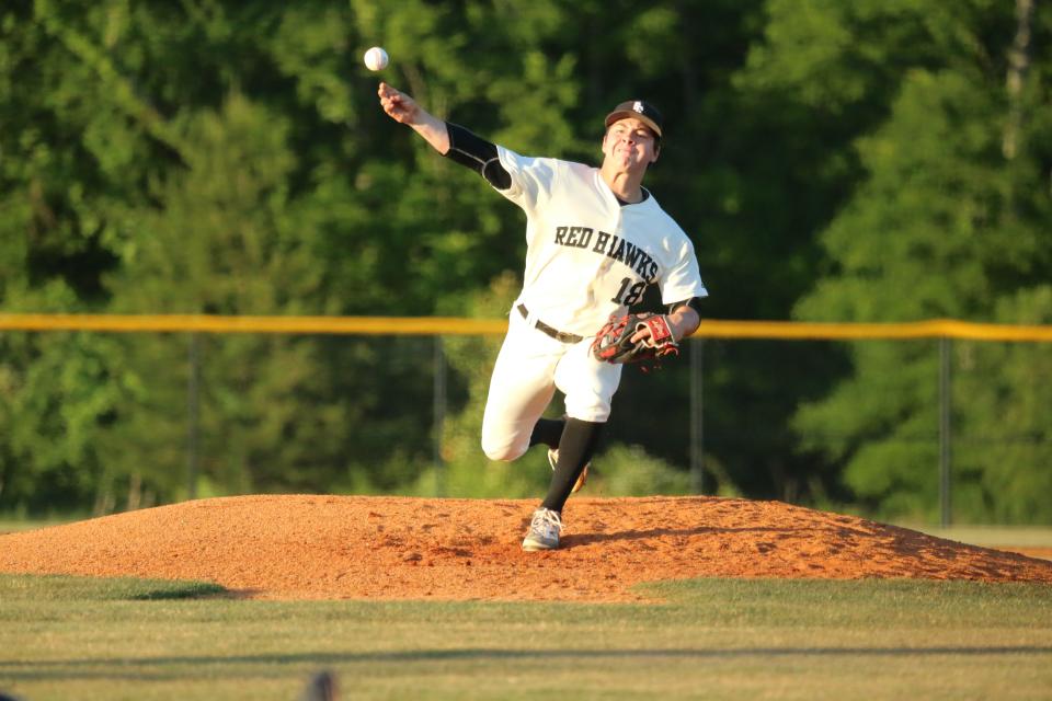 Stewrats Creek's Brett Vondohlen fires a pitch during Monday's Region 4-4A semifinals vs. Rockvale. The Red Hawks won 5-4 to advance.