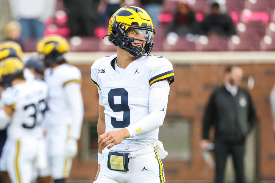 J.J. McCarthy is the next QB taken after the Caleb Williams-Drake Maye duopoly in our first 2024 NFL mock draft. (Matt Krohn-USA TODAY Sports)