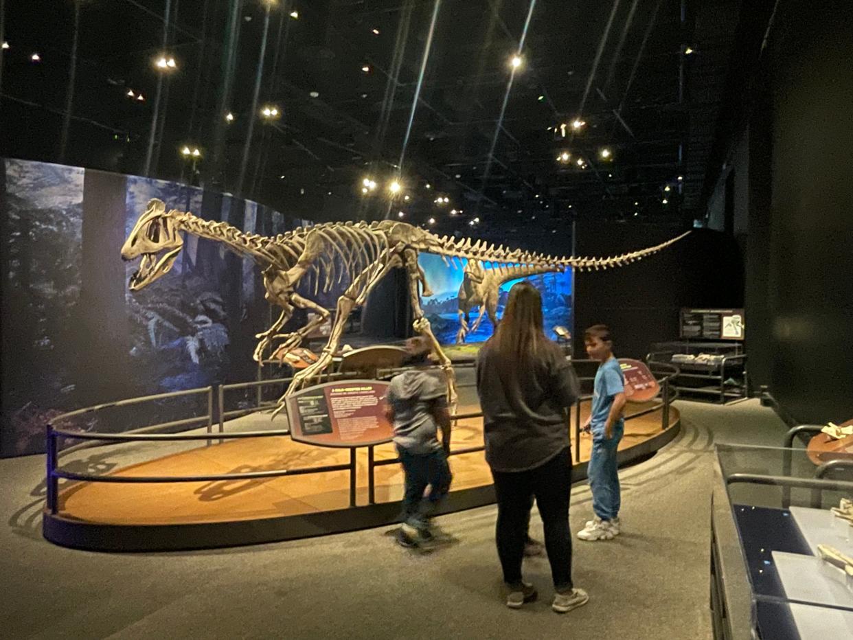 Visitors to the Cincinnati Museum Center check out the 25-foot-long Cryolophosaurus, the first dinosaur discovered in Antarctica.