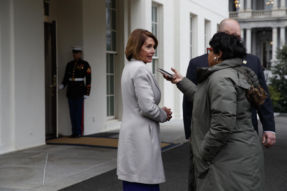 Speaker of the House Nancy Pelosi of Calif., talks to a reporter after meeting with President Donald Trump about border security in the Situation Room of the White House, Friday, Jan. 4, 2019, in Washington. (AP Photo/Evan Vucci)