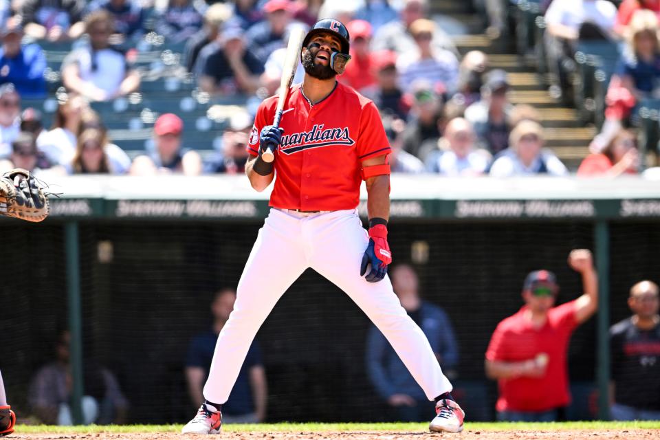 The Cleveland Guardians'  Amed Rosario reacts after striking out during the eighth inning against the Detroit Tigers on May 10.