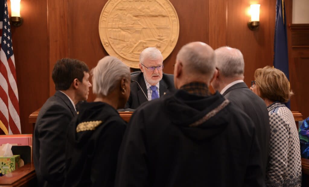 Senate President Gary Stevens, R-Kodiak, speaks to members of the Senate majority caucus' leadership group on Friday, April 12, 2024. (Photo by James Brooks/Alaska Beacon)